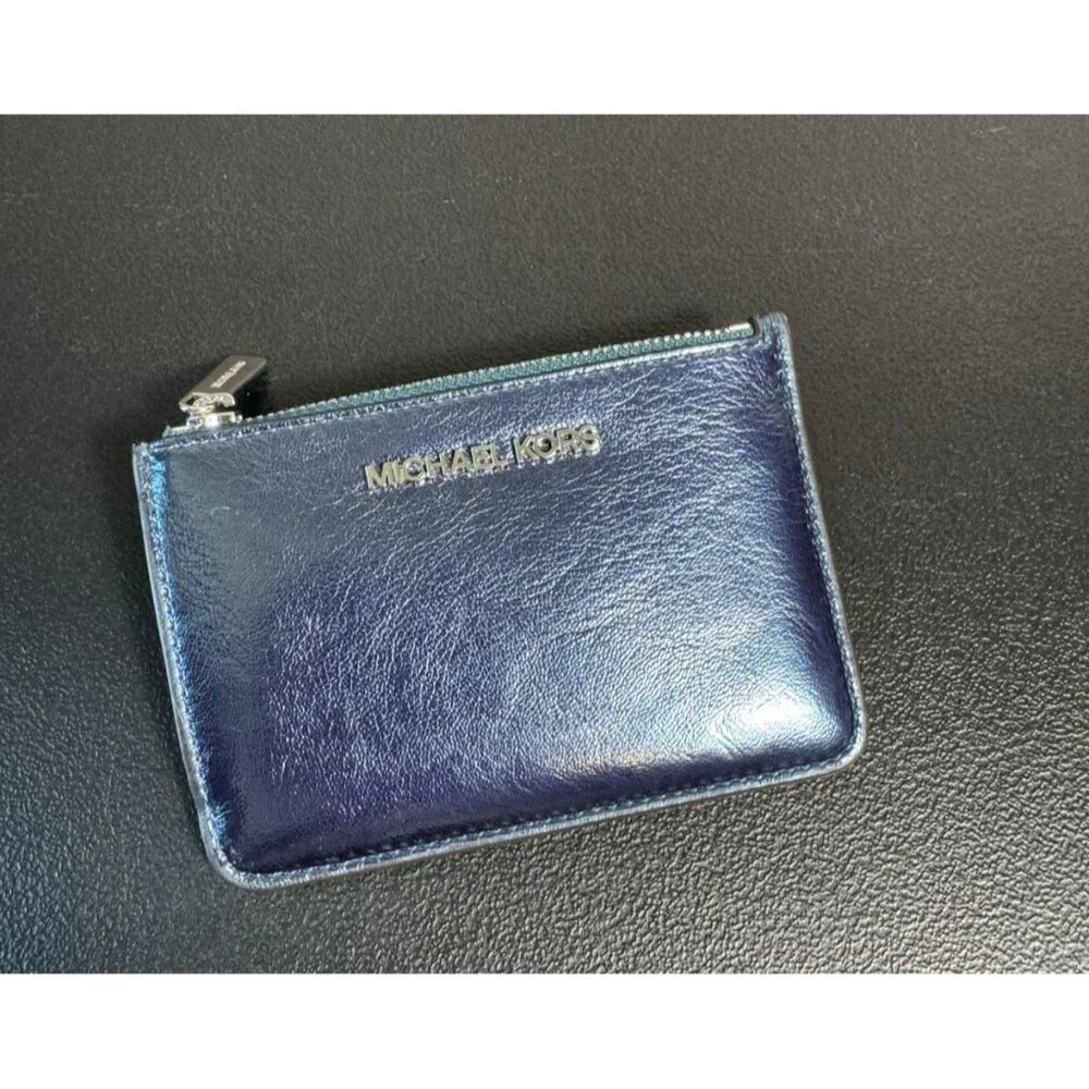 Michael Kors Jet Set Blue Metallic Leather Card Holder Zipper Pouch‎ Key Ring